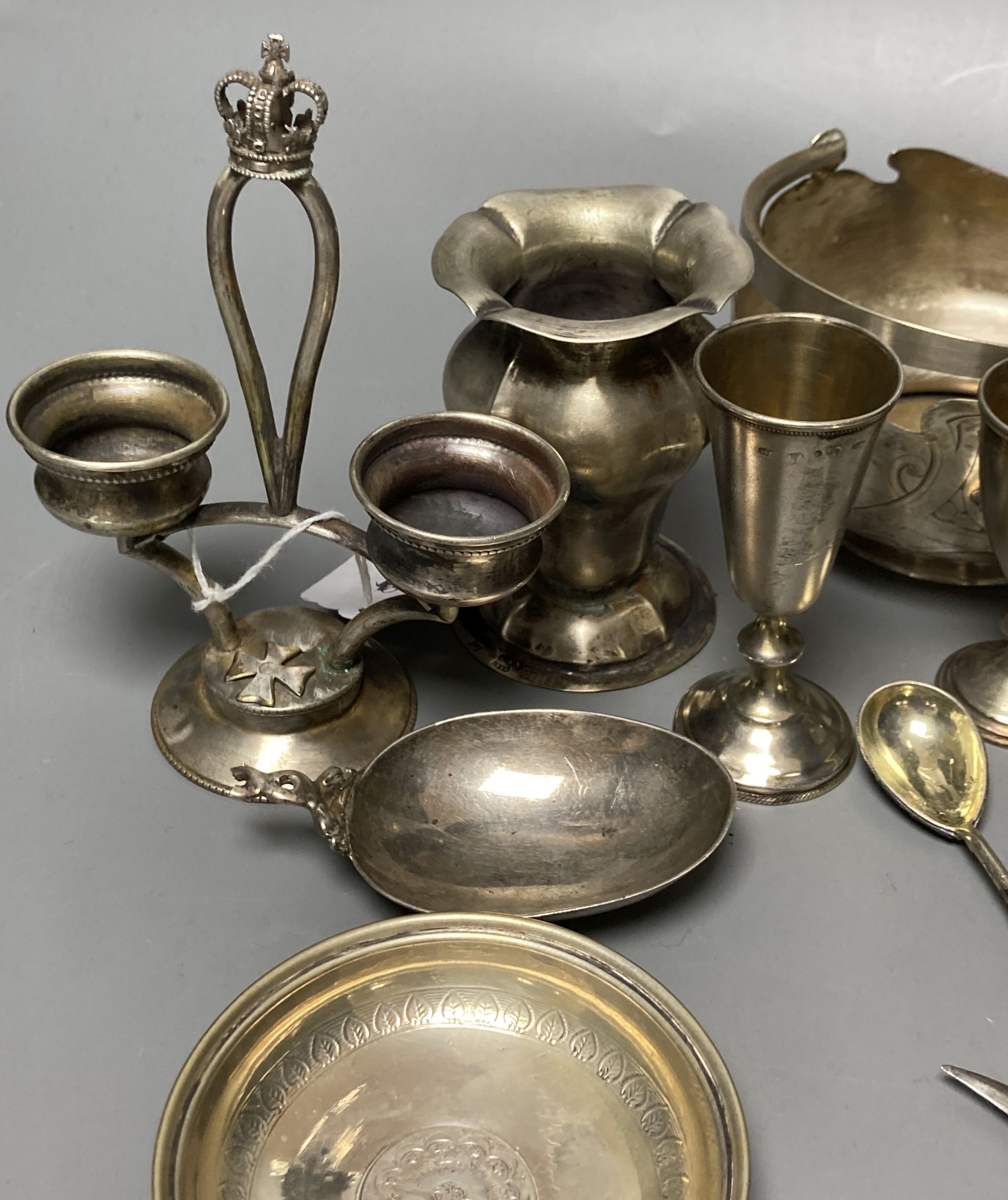 A small quantity of Russian style metal items including spoons (some with enamel) dishes, bowl etc.